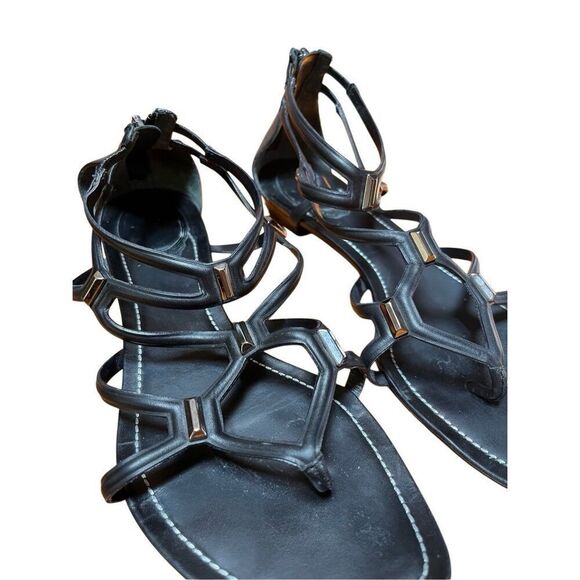 Rene Caovilla Black Leather Flat Gladiator Sandal Zip Back Silver Accent 38/8 - Picture 6 of 16